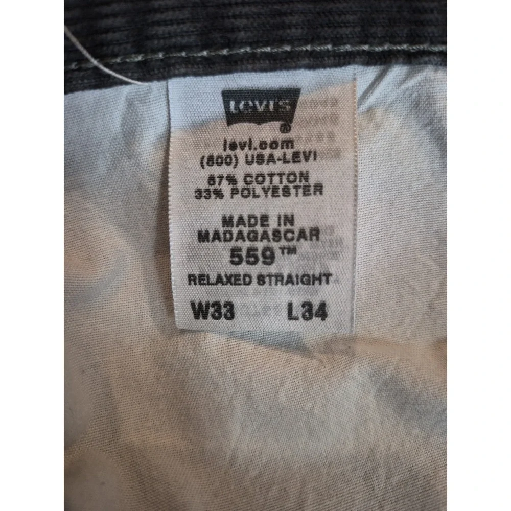 Levi's 559 Corduroy Trouser Pants Grey Cotton Relaxed Fit Straight Leg 33W x 34L